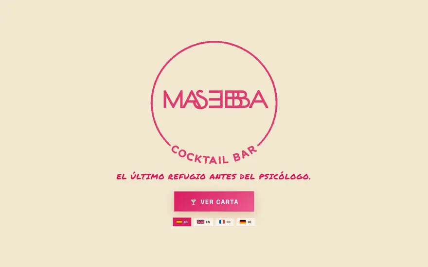 Web de Masebba Cocktail Bar en San Agustín, con la carta en cuatro idiomas
