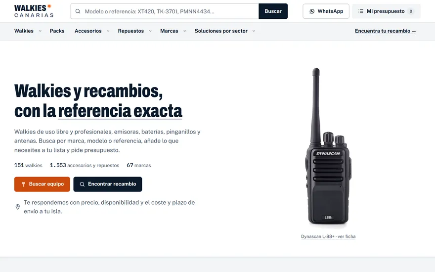 Portada de Walkies Canarias, web propia de walkies, emisoras, accesorios y repuestos de radio en Canarias, con presupuesto online