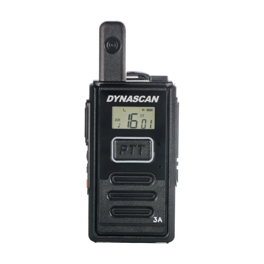 Walkie profesional Dynascan 3A, vista frontal con pantalla LCD y botón PTT