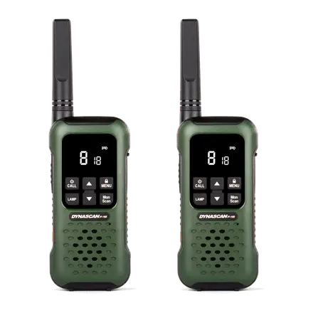 Dynascan F-15 Pareja Walkies verdes uso libre sumergibles con microauriculares